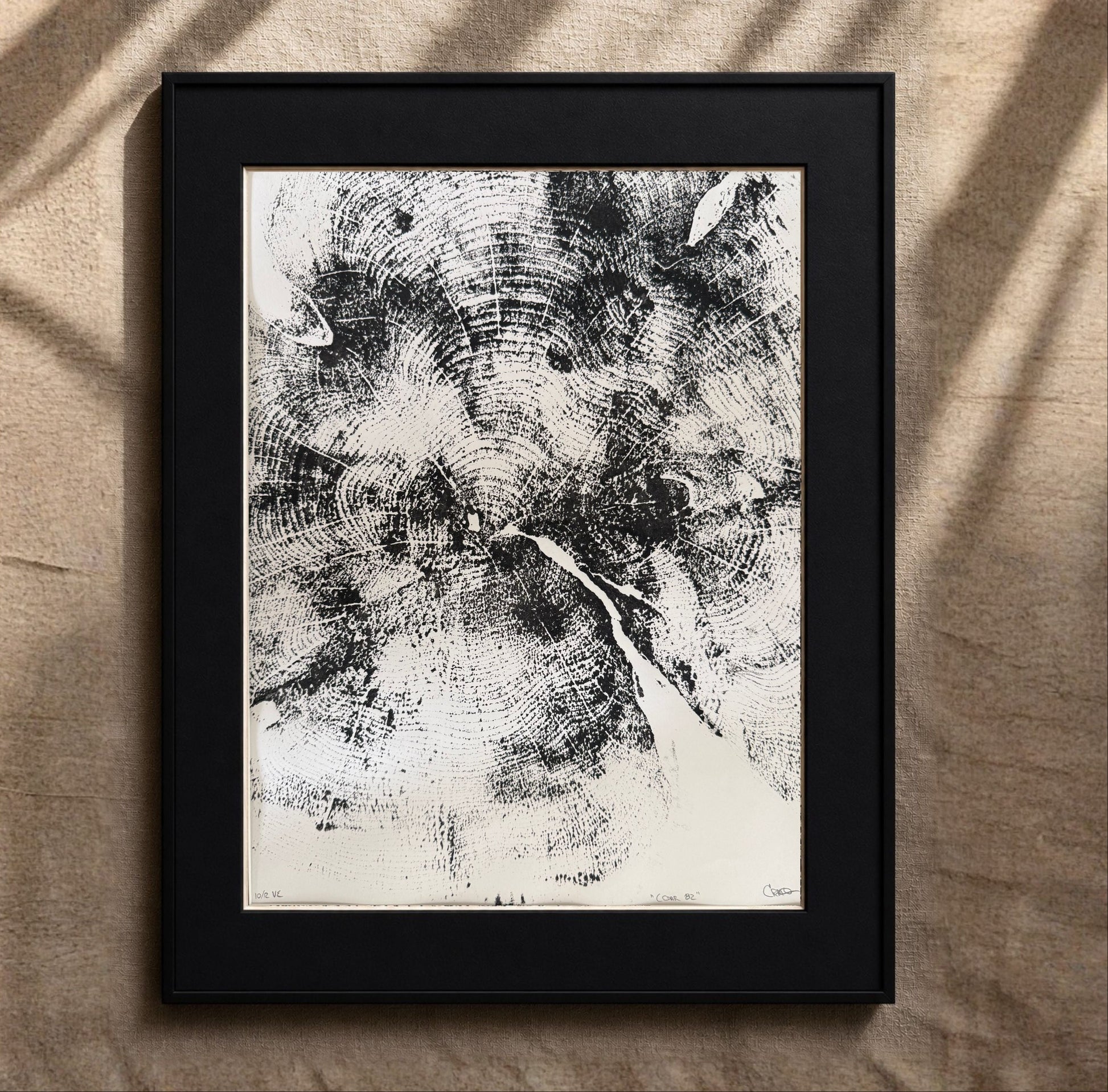 Framed black and white artwork on a wooden surface