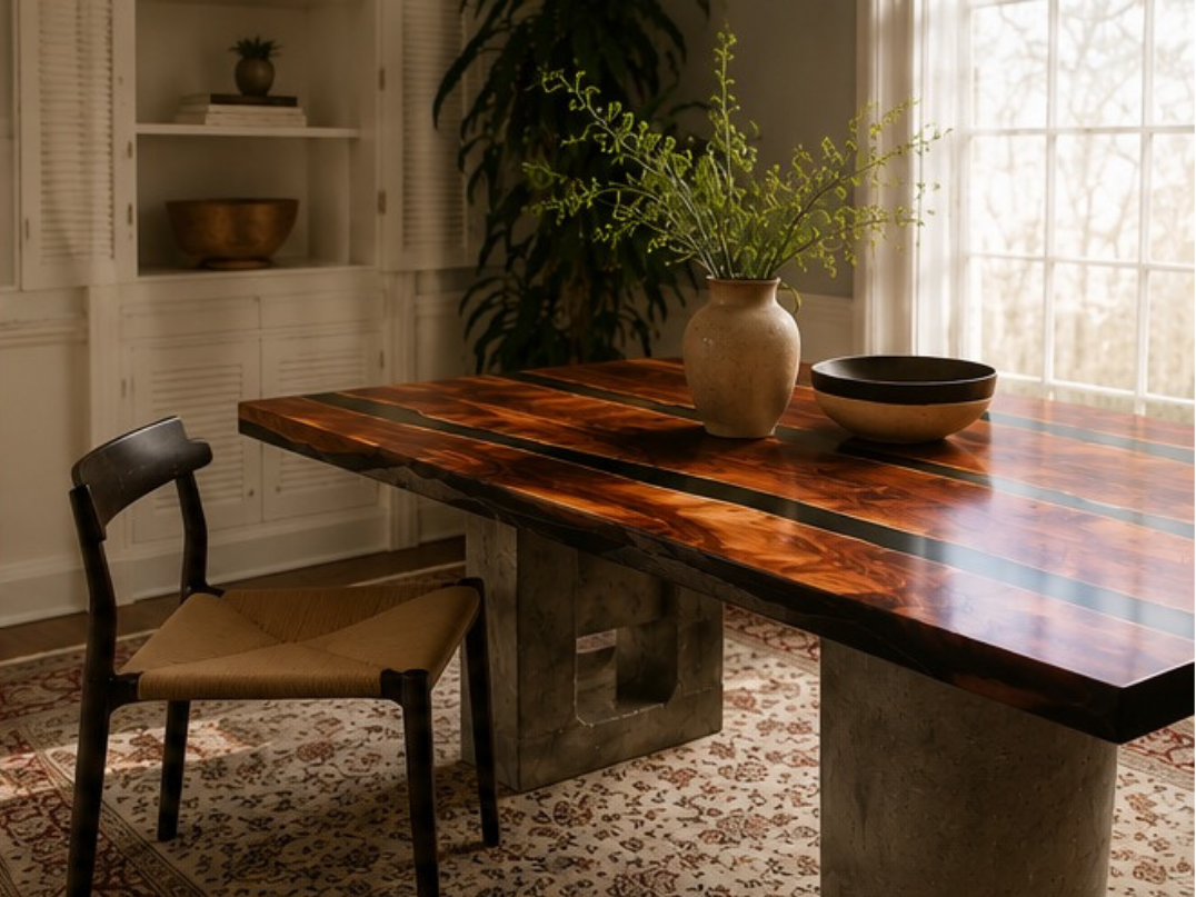 cedar + black epoxy dining table with a chair in a room with a window and shelves.