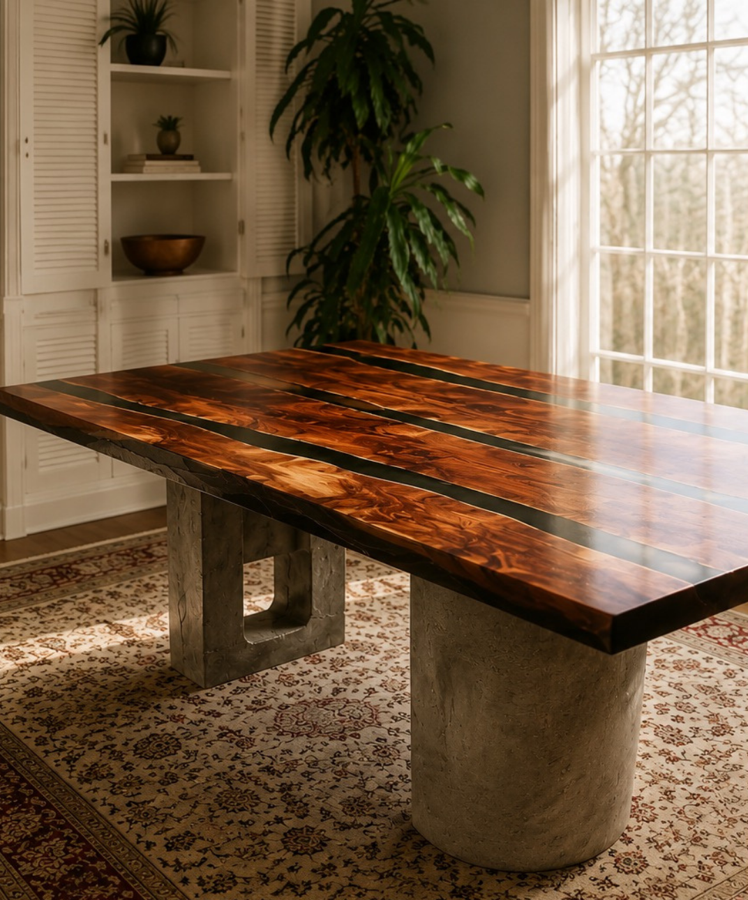Cedar + black epoxy dining table with concrete legs.