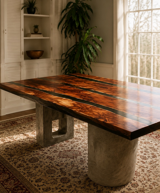 Cedar + black epoxy dining table with concrete legs.