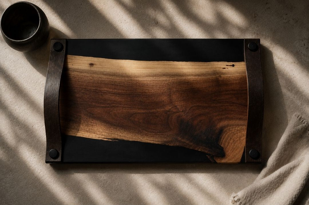 Wooden serving board with metal and leather accents on a textured surface