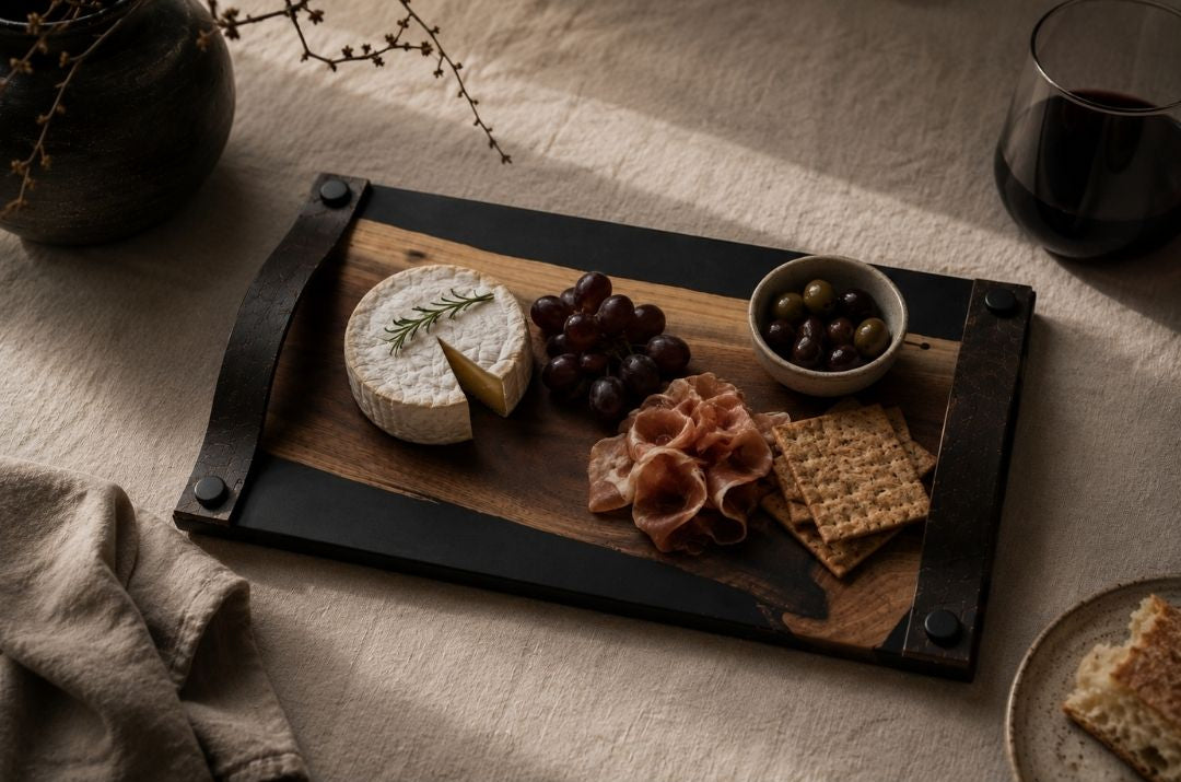 Wooden charcuterie board with cheese, fruits, and meats on a textured surface.