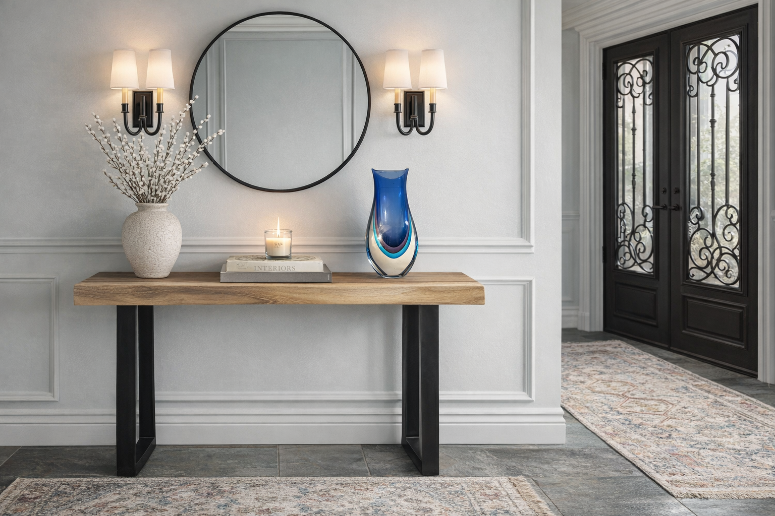 Life edge walnut console table with decorative items in a room with a mirror and door.